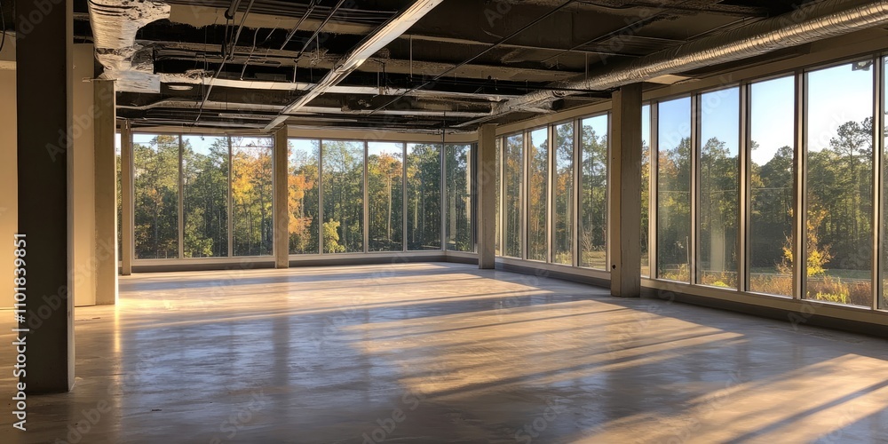 Poster the inside of a vacant office area showcases expansive windows that allow ample natural light. this 