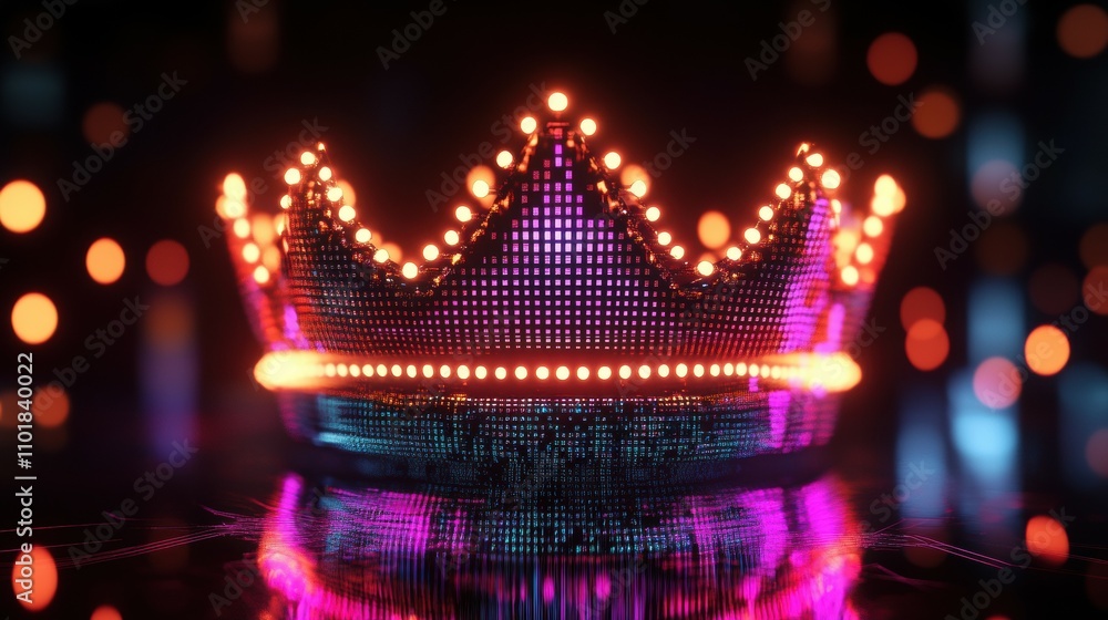 Poster vibrant neon crown displaying pixelated code elements in a futuristic digital environment