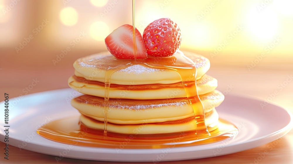 Poster delicious pancake stack drizzled with honey, perfect for a delightful breakfast option. capture the 
