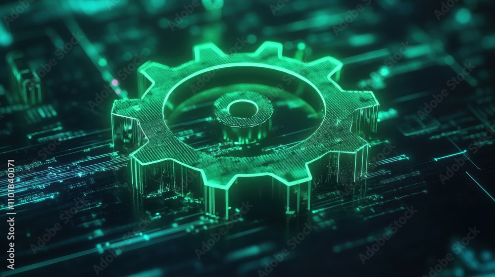 Poster dynamic green gear in digital data stream high-tech environment futuristic concept art