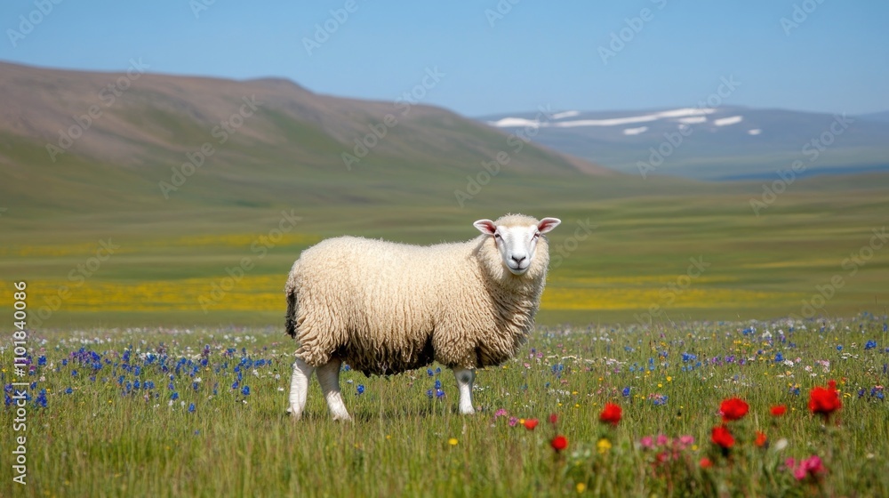 Poster a sheep standing in a colorful field of flowers with mountains in the background.