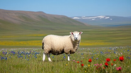Fototapeta premium A sheep standing in a colorful field of flowers with mountains in the background.