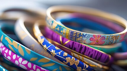 Colorful bangles presented in a variety of designs and styles, capturing the vibrant essence of colorful bangles. Ample copy space highlights the uniqueness of these colorful bangles.