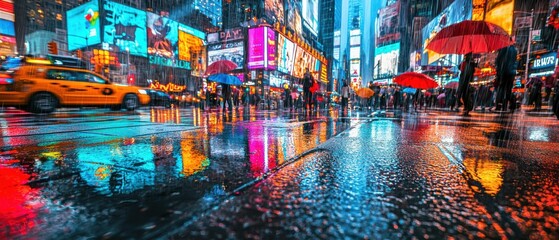 Naklejka premium Times square urban photography of rain-soaked street life