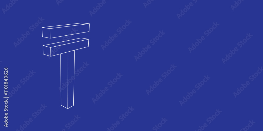 Poster the outline of a large tenge symbol made of white lines on the left. 3d view of the object in perspe