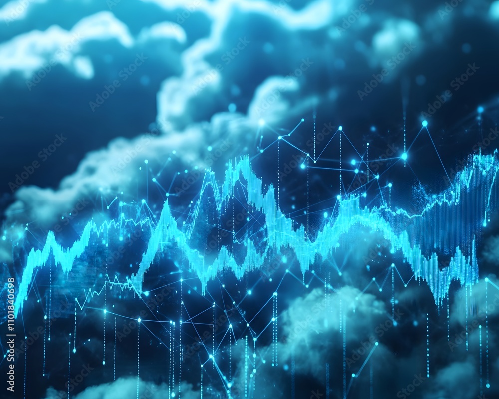 Poster digital visualization of data trends and analytics in a cloud environment. a futuristic design illus