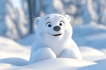 Smiling Polar Bear in Snowy Landscape in 3D Cartoon Style on White Background