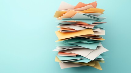 Tall stack of colorful, assorted folders arranged vertically against a light blue background, showcasing organization or paperwork concept