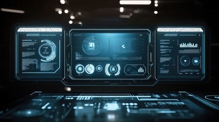 Fototapeta premium Central glowing blue holographic screen with abstract circular metrics serves as a modern command console backdrop for business use.