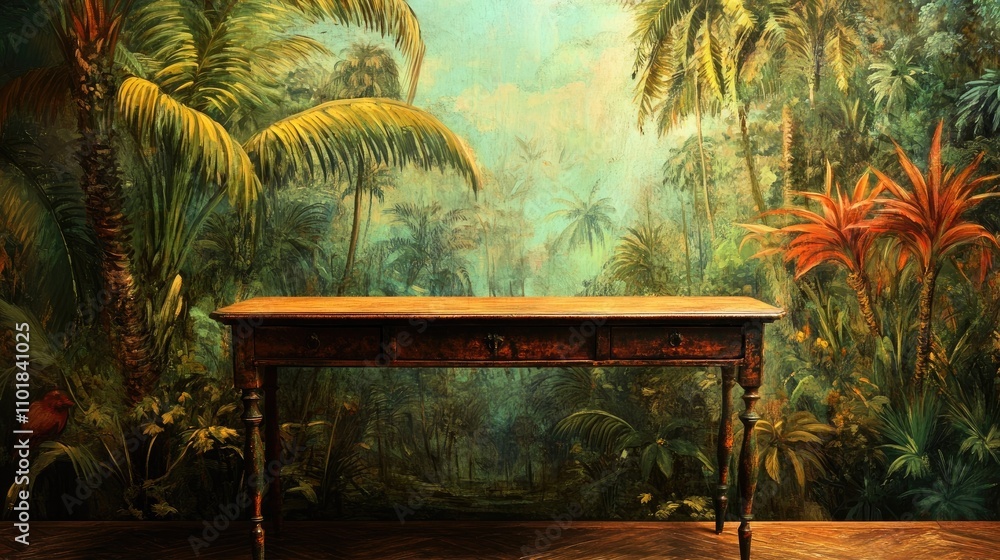 Poster vintage table in a setting adorned with a mural jungle background, creating a captivating atmosphere