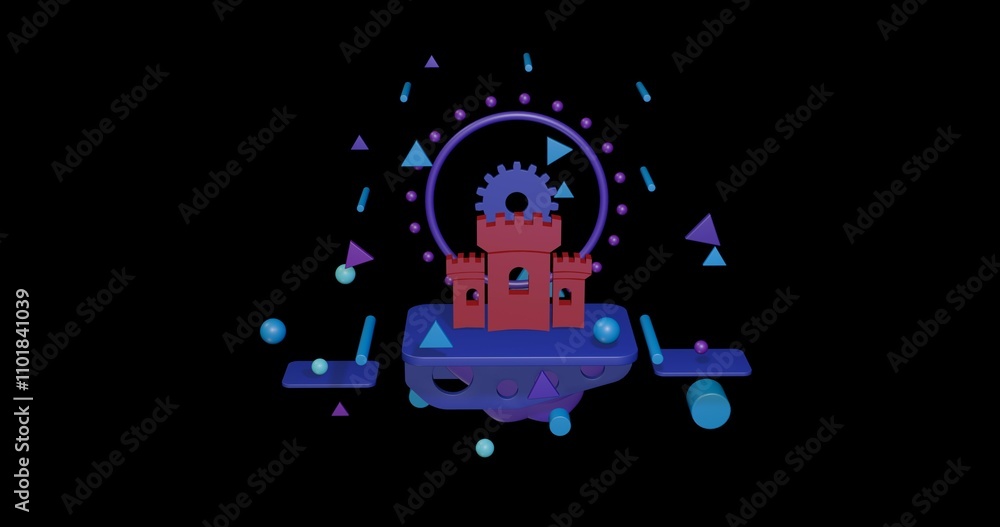 Poster red castle symbol on a pedestal of abstract geometric shapes floating in the air. abstract concept a