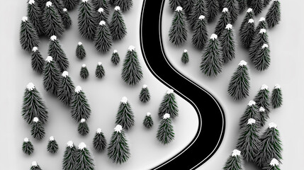 road serpentine in snowy wintertime. Cold winter and sunny day above forest road. View from above of the mountain winding road.A sharp turn on a winding road in the forest. Generative AI