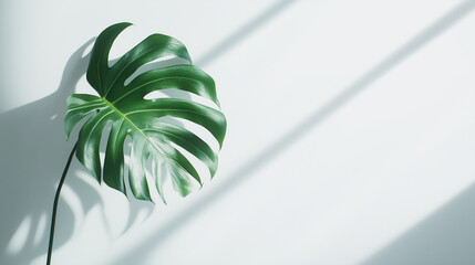 Minimal summer concept with monstera palm leaf and shadow. the tropical evergreen vine isolated on white background. Green tropical monstera leaf isolated on white background. Generative AI