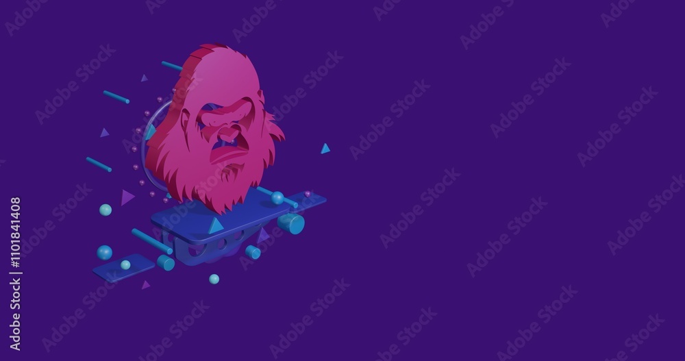 Poster pink gorilla head symbol on a pedestal of abstract geometric shapes floating in the air. abstract co