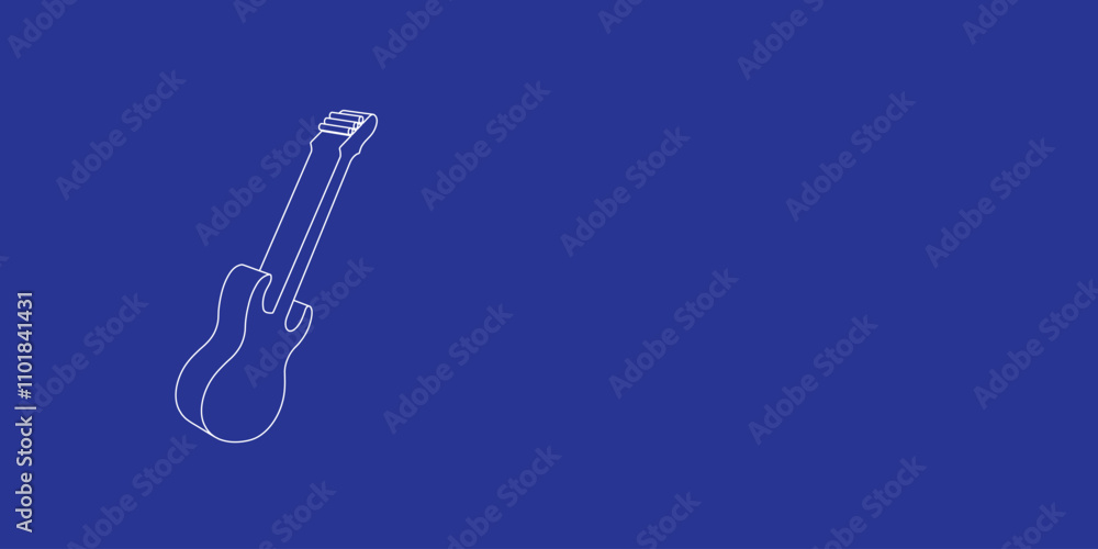 Poster the outline of a large guitar symbol made of white lines on the left. 3d view of the object in persp