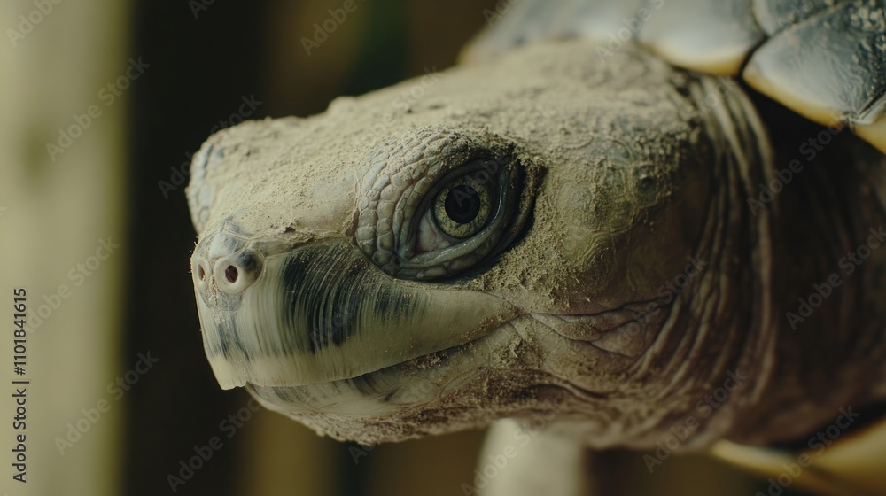 Poster close-up of a tortoise showcasing its textured shell and expressive eye.
