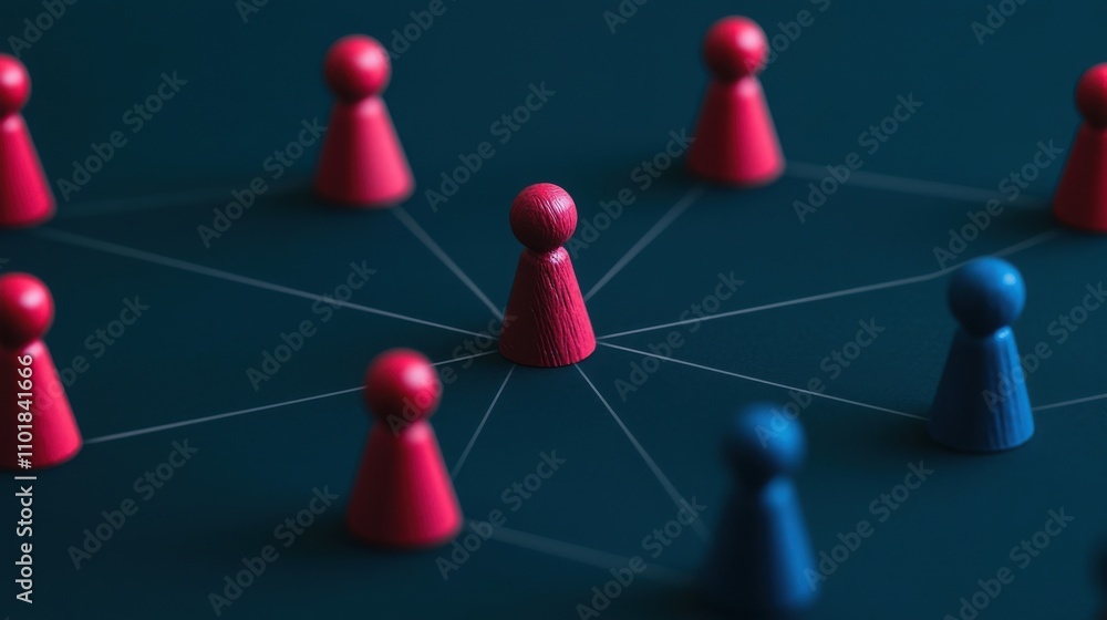 Poster colorful game pieces connected by lines, symbolizing networking or teamwork in a strategic game or c