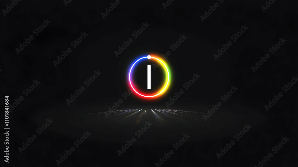 Poster abstract colorful neon ring with central i; glowing light rays on dark background