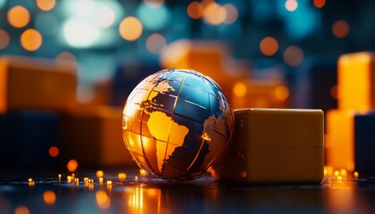 A glowing globe rests among illuminated cubes, symbolizing global trade and connectivity in a vibrant, modern setting.