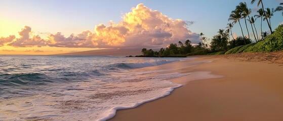 Tranquil dawn at a tropical beach gentle waves and serene landscapes