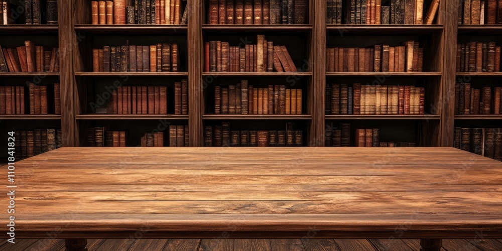 Poster an empty wooden tabletop is set against a tidy bookcase backdrop, creating an ideal space for showca