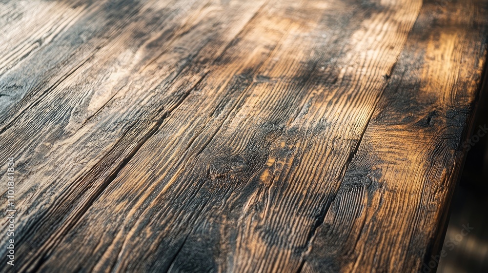 Poster close-up image of a weathered wooden table with scratches, highlighting the unique texture of the ol