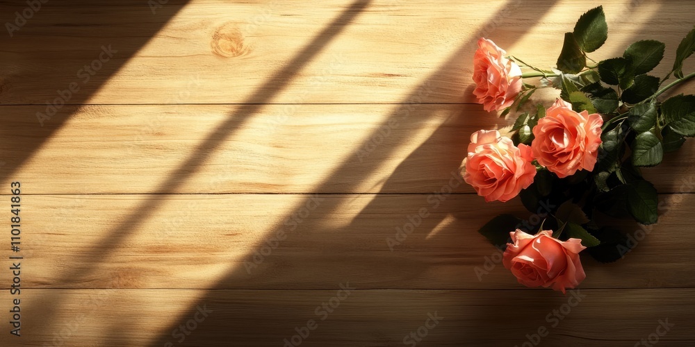 Poster a top down view of a rose bouquet casting a drop shadow on a wooden surface, with space available fo