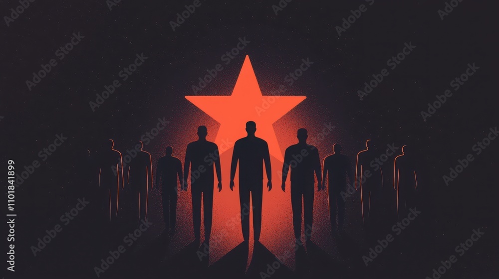 Poster a shadowy group of figures stands in front of a large red star, creating a dramatic and mysterious a