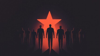 A shadowy group of figures stands in front of a large red star, creating a dramatic and mysterious atmosphere.