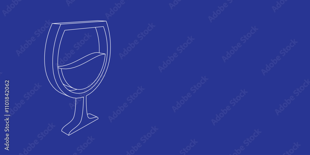 Poster the outline of a large wineglass symbol made of white lines on the left. 3d view of the object in pe