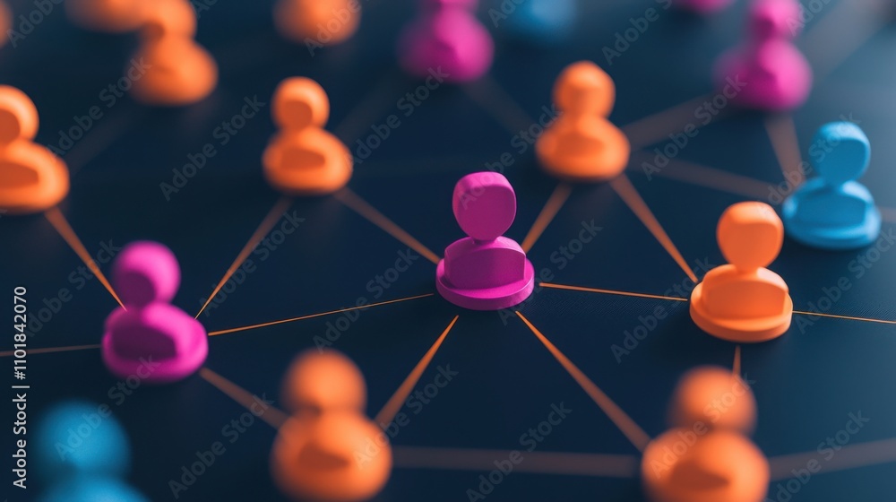 Poster a vibrant network of colorful figures connected by lines, representing social interaction, collabora