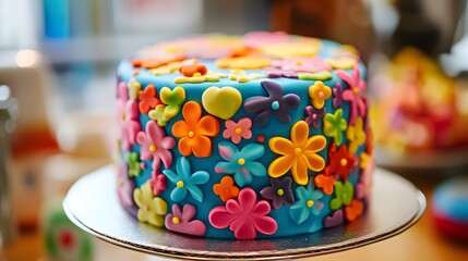 105. A birthday cake covered in colorful fondant designs