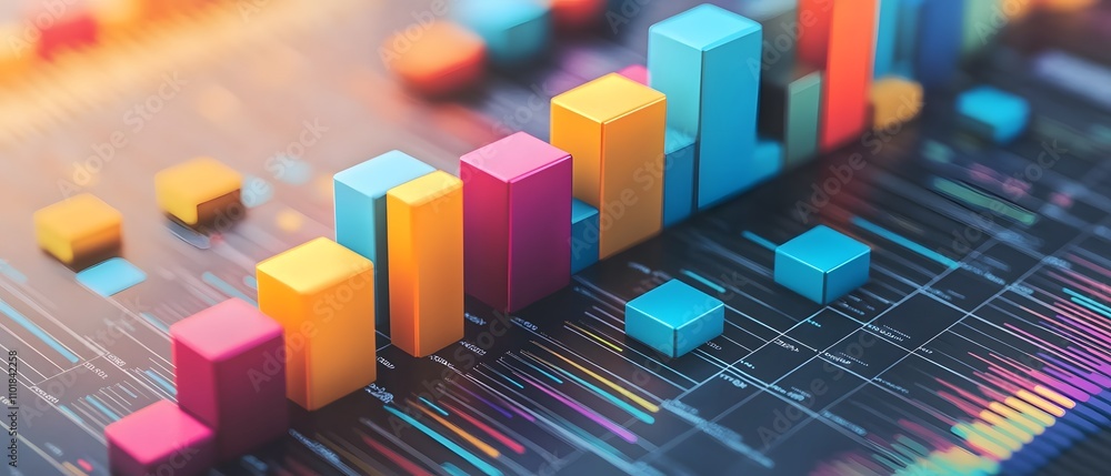 Poster a colorful digital bar chart representing data analysis and trends. the vibrant colors highlight var