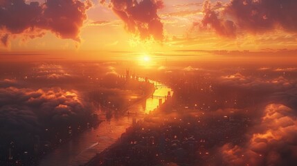 Fototapeta premium Stunning sunset landscape with dramatic vibrant clouds reflecting on the tranquil ocean surface creating a serene and mesmerizing natural scene