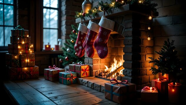 Lareira aconchegante com meias natalinas penduradas e presentes de natal.