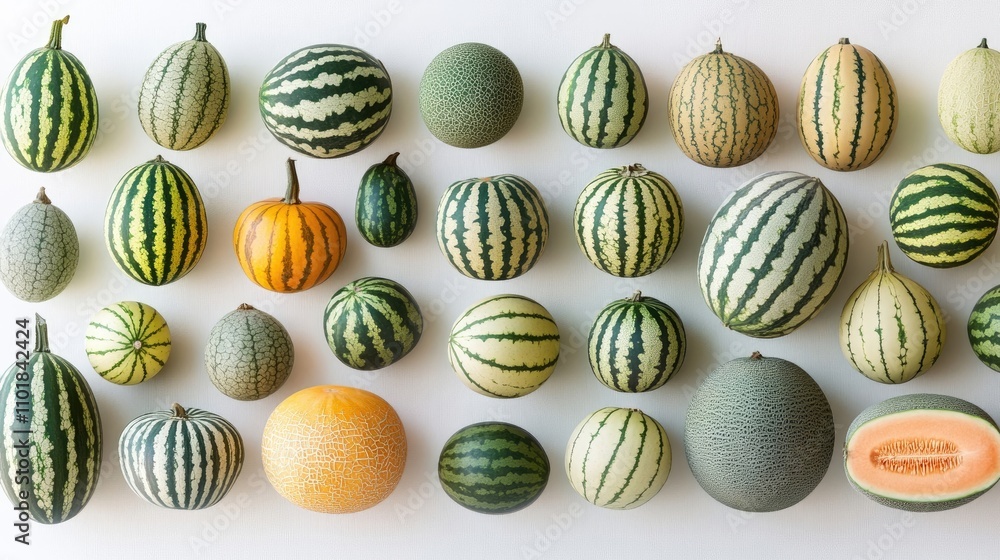 Poster fresh melons displayed on a white background create a vibrant and appealing scene. this collection o