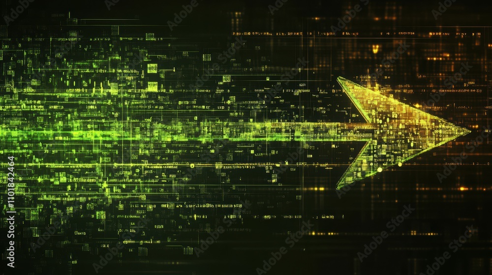 Poster glitch art digital display abstract data visualization pixelated neon green arrow tech environment