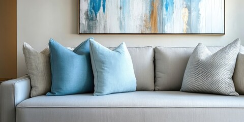 Contemporary gray sofa featuring a light blue cushion and complemented by abstract artwork. This modern design highlights the stylish integration of color and form.