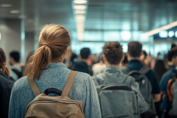 Fototapeta premium People crowd waiting plane in airport indoor generative AI