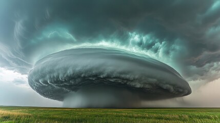 Obraz premium A dramatic, swirling storm cloud resembling a flying saucer over a grassy landscape.