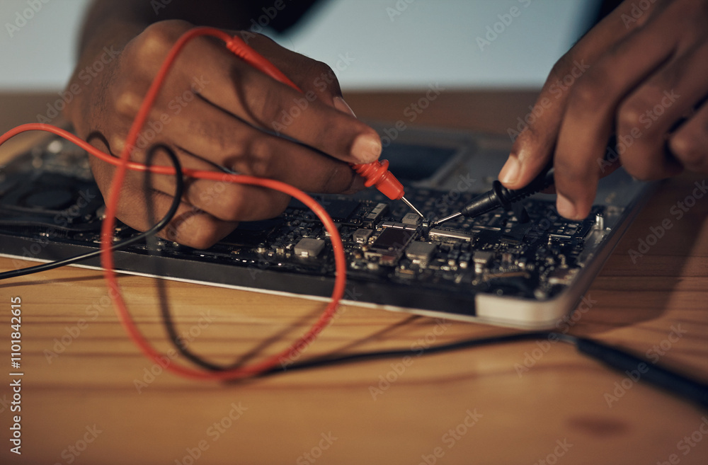 Aufkleber circuit board, hands and soldering iron with hardware engineer in office for maintenance or repair. 