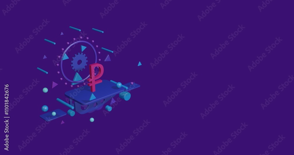 Poster pink ruble symbol on a pedestal of abstract geometric shapes floating in the air. abstract concept a