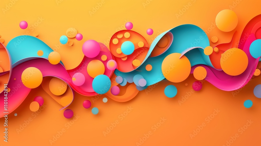 Poster a vivid abstract design featuring flowing waves and variously sized colorful spheres on a bright ora