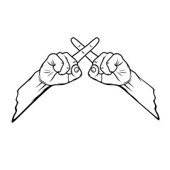 crossing the index fingers of the right and left hands black and white vector line art