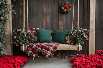 Wooden swing set with green pillows, plaid blanket, and Christmas decorations, surrounded by red flowers, winter garden with dark brown wall.