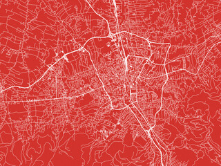 Christmas Map of Bielsko-Biala, Poland in Snowy White on Festive Red Background.