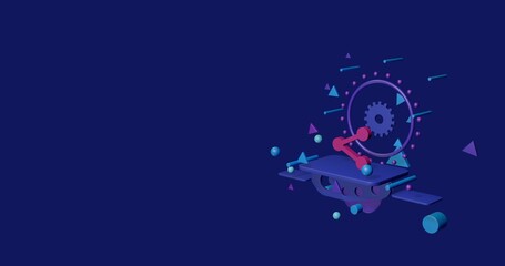 Fototapeta premium Pink share symbol on a pedestal of abstract geometric shapes floating in the air. Abstract concept art with flying shapes on the right. 3d illustration on indigo background