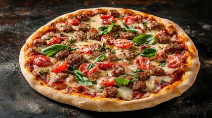 Sausage pizza topped with tomato, basil, and mozzarella cheese, presented on a dark rustic background. This homemade pizza invites indulgence and satisfaction. Perfect for food photography.
