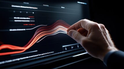 A hand interacts with a digital interface displaying dynamic data visualizations in a dark environment.