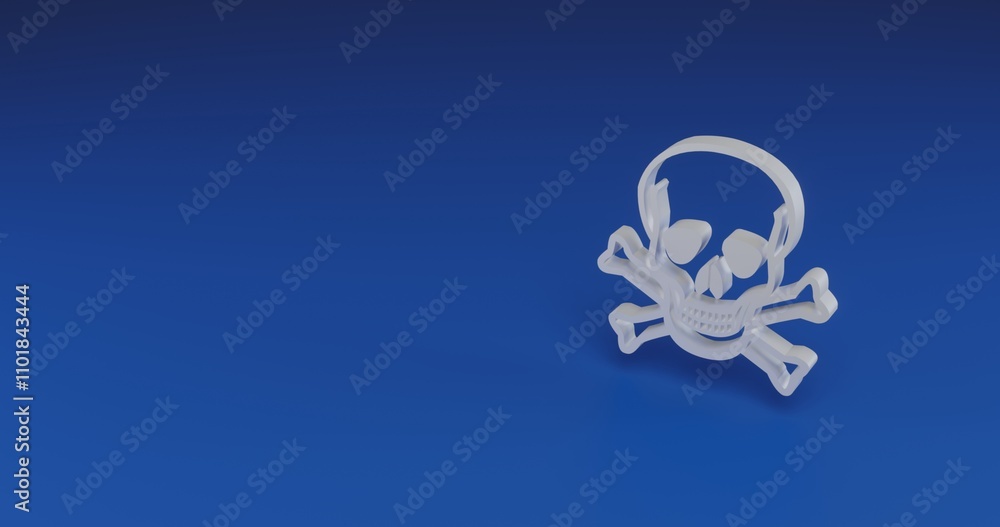 Poster isolated realistic white skull with shadow. located on the right side of the scene. 3d illustration 